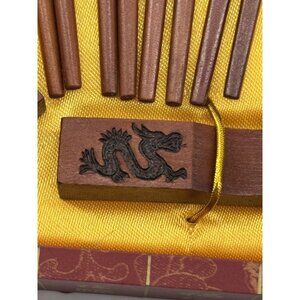 Vintage Cherry Wooden Japanese Dragon Engraved Chopsticks Set in Tassel Stamped